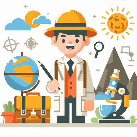 Illustration of a scientist with a globe, a microscope and a hatのイラスト素材