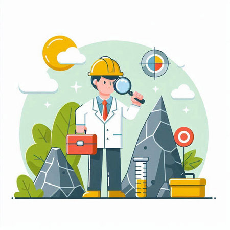Engineer with magnifying glass and tools. Vector illustration in flat styleのイラスト素材
