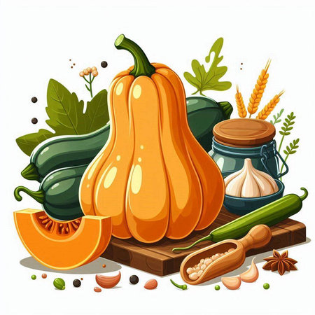 Pumpkin, spices and herbs on a white background. Vector illustration.のイラスト素材