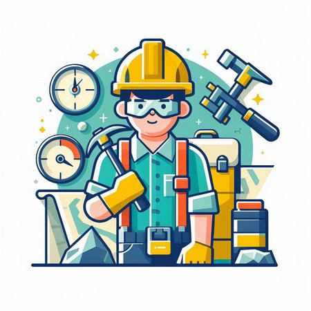 Worker with tools. Flat style vector illustration on white background.のイラスト素材