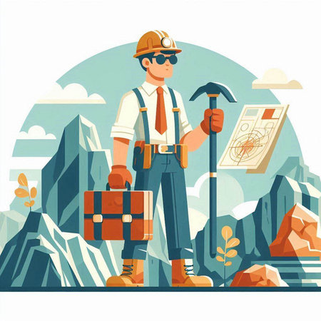 Miner with a toolbox and map. Vector illustration in flat styleのイラスト素材