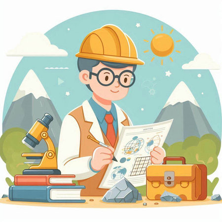 Vector illustration of a male engineer in a helmet and glasses working on the project.のイラスト素材