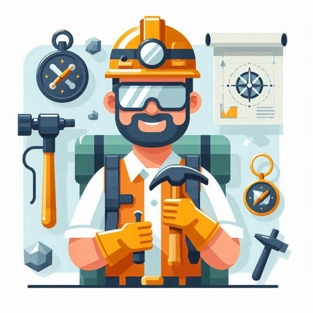 Worker with hammer and wrench. Vector illustration in flat style.のイラスト素材