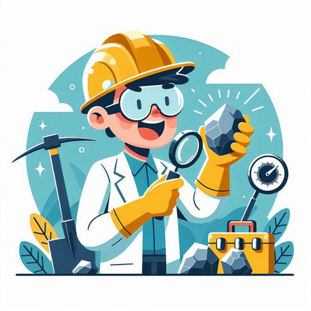 Cartoon miner holding a magnifying glass and a diamond. Vector illustrationのイラスト素材