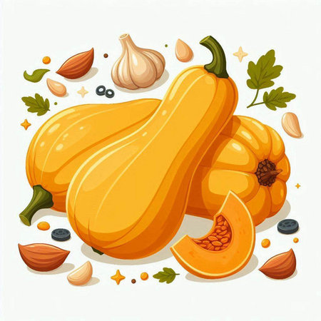 Pumpkin, garlic, parsley, nutmeg. Vector illustration.のイラスト素材