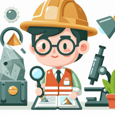 Illustration of a Cute Male Miner Looking through a Magnifying Glassのイラスト素材