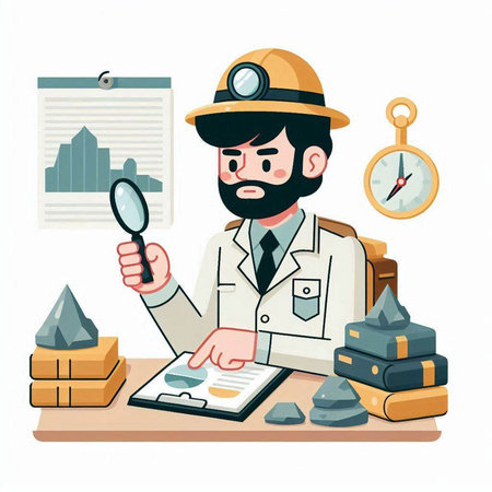 Foreman with magnifying glass and magnifying glass. Vector illustrationのイラスト素材
