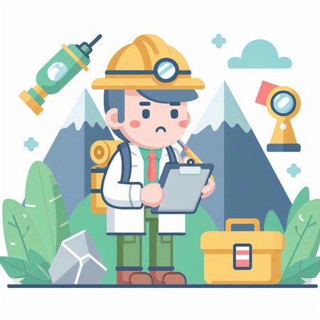 Character illustration design. Businessman working in the mountains, cartoon styleのイラスト素材