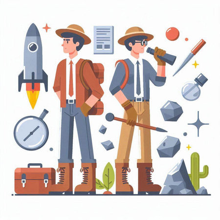 Vector illustration of tourists with spyglass, binoculars, rocket and map.のイラスト素材