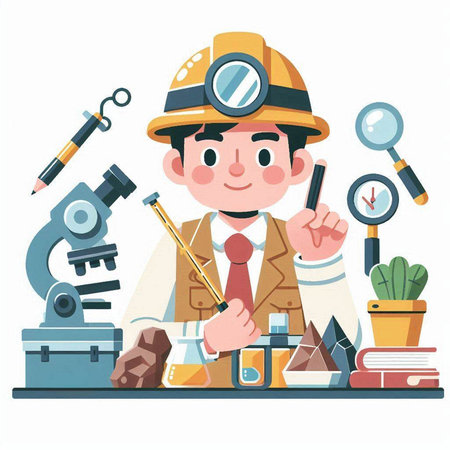 Vector illustration of a male miner working in the laboratory with tools.のイラスト素材
