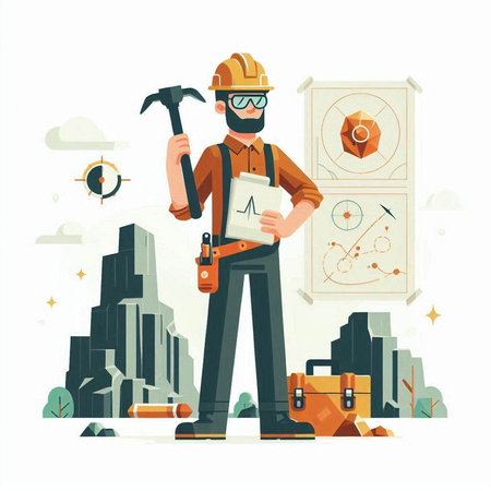 Engineer with tools and equipment. Vector illustration in flat style.のイラスト素材