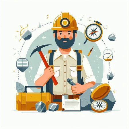 Miner with toolbox, compass and map. Vector flat illustrationのイラスト素材