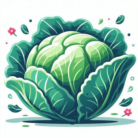 Cabbage with leaves and flowers. Vector illustration on white background.のイラスト素材