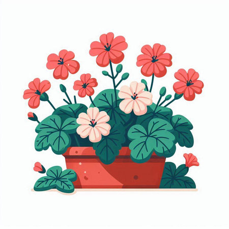 Flowerpot with geraniums. Vector illustration in flat styleのイラスト素材