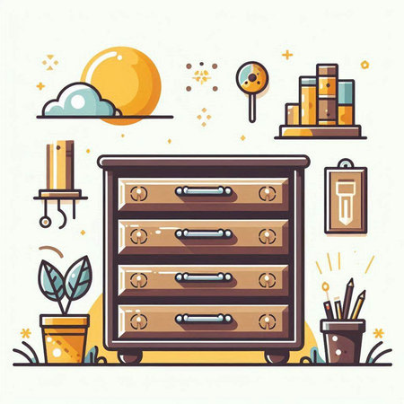 Vector illustration of cabinet with drawers and accessories in flat style.のイラスト素材