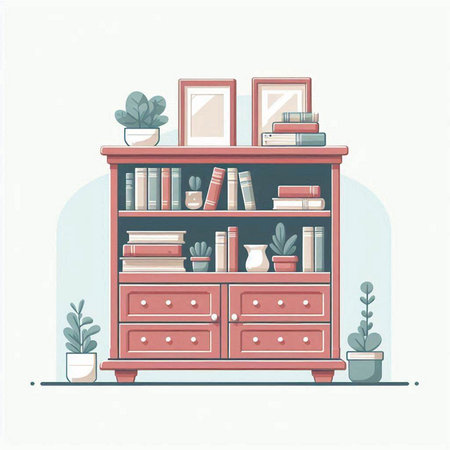 Bookshelf with books and plants. Flat style vector illustration.のイラスト素材
