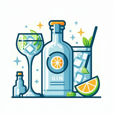 Alcoholic drink flat vector illustration. Tequila, vodka, liqueur, rum, lime, ice cubes and bottles.のイラスト素材