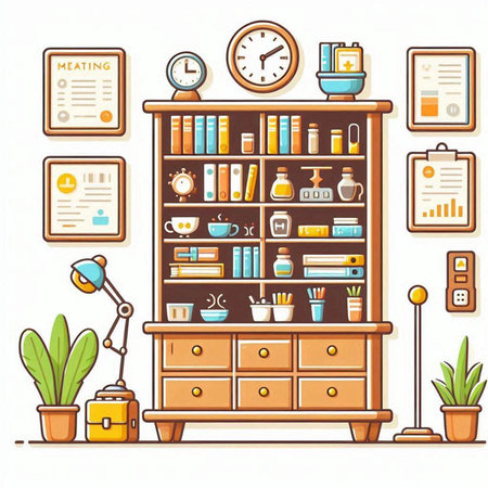 Bookshelf with books, lamps and other items. Vector illustration.のイラスト素材