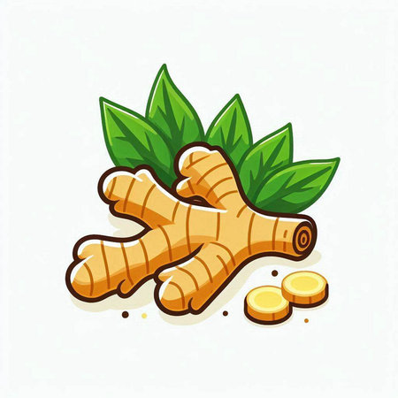 Fresh ginger root with green leaves isolated on white background. Vector illustration.のイラスト素材