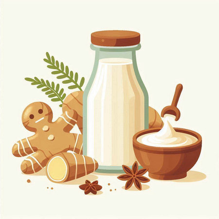 Ginger milk in a glass jar, ginger root, honey, cinnamon, star anise. Vector illustration.のイラスト素材