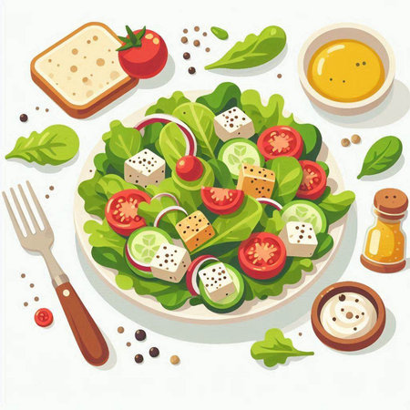 Greek salad with feta cheese, tomato, cucumber, onion and lettuce. Vector illustration.のイラスト素材