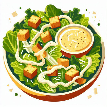 Salad with croutons, cheese and sauce. Vector illustrationのイラスト素材