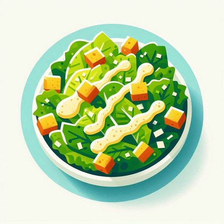 Salad with cheese and lettuce in bowl. Vector illustration in flat styleのイラスト素材