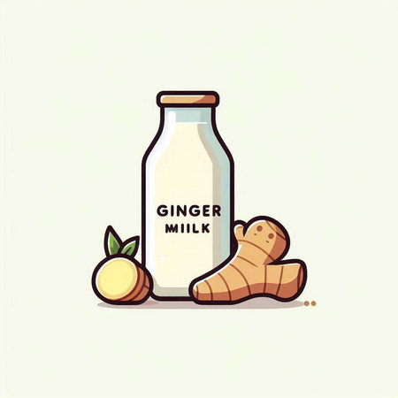Ginger milk in a glass bottle and fresh ginger. Vector illustration.のイラスト素材