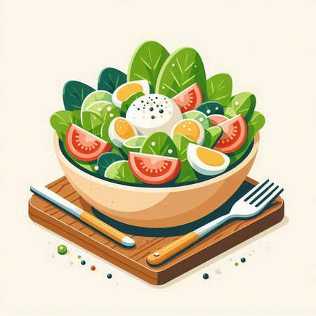 Salad in a bowl on a wooden board. Vector illustration.のイラスト素材