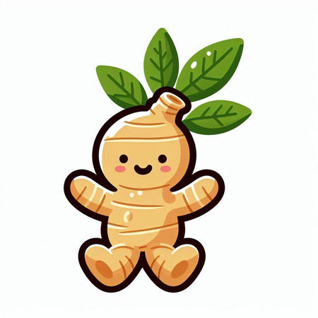 Ginger character with leaves isolated on white background. Vector illustration.のイラスト素材