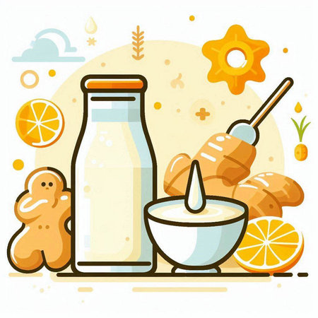 Vector illustration of ingredients for a healthy breakfast. Milk, gingerbread, honey, lemon.のイラスト素材