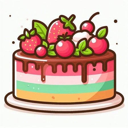 Illustration of a cake with strawberries and cherries on a white backgroundのイラスト素材