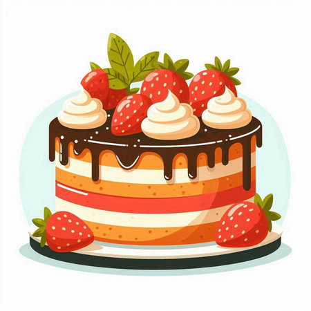 Vector illustration of a cake with cream and strawberries on a white backgroundのイラスト素材