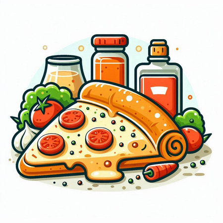 Vector illustration of pizza with tomatoes, olives and other ingredients.のイラスト素材