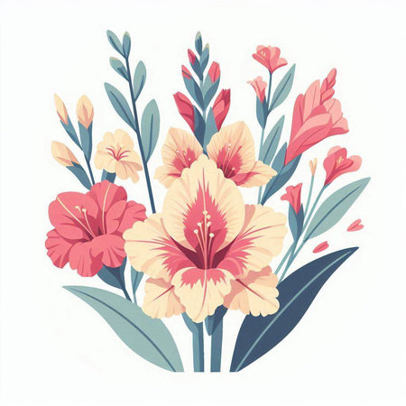 Bouquet of gladiolus flowers with leaves. Vector illustration.のイラスト素材