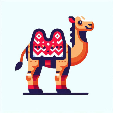Cute camel in a knitted scarf. Vector illustration in flat styleのイラスト素材