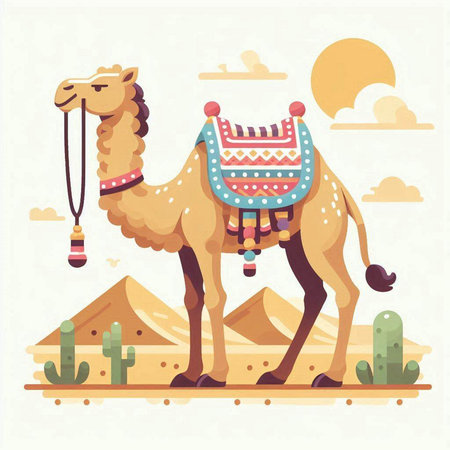 Camel in desert. Vector illustration in flat style. Travel and adventure.のイラスト素材