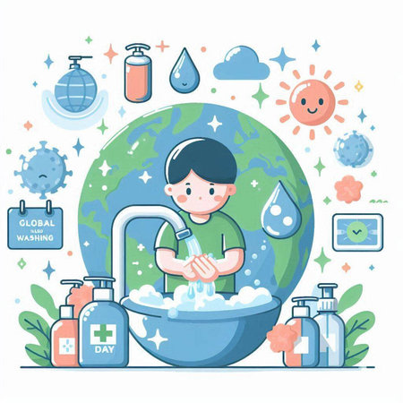 Coronavirus prevention concept. Boy washes his hands in a basin.のイラスト素材