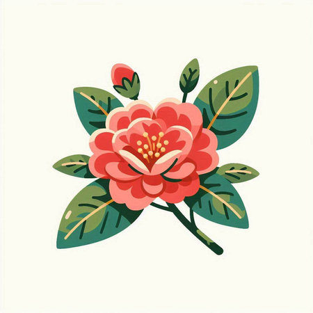 Camellia flower with leaves. Vector illustration isolated on white background.のイラスト素材