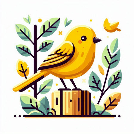 Cute yellow bird on a branch in the forest. Vector illustration.のイラスト素材