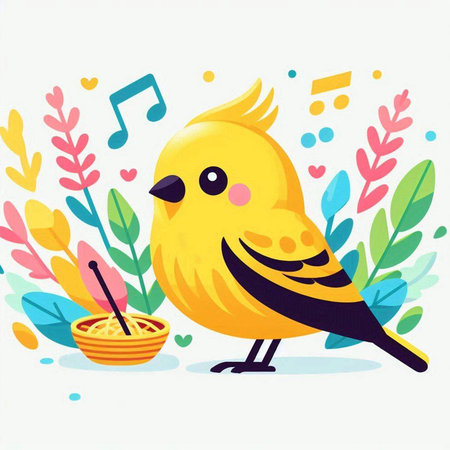 Cute yellow bird with a basket of fruit. Vector illustration.のイラスト素材