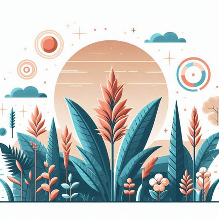 Vector illustration of tropical plants with sun and clouds in the background.のイラスト素材
