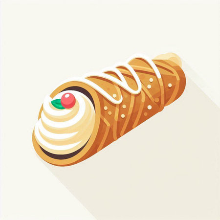 Sweet roll with cream and cherry on a white background. Vector illustrationのイラスト素材