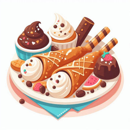 Vector illustration of chocolate ice cream with whipped cream and waffle rollsのイラスト素材