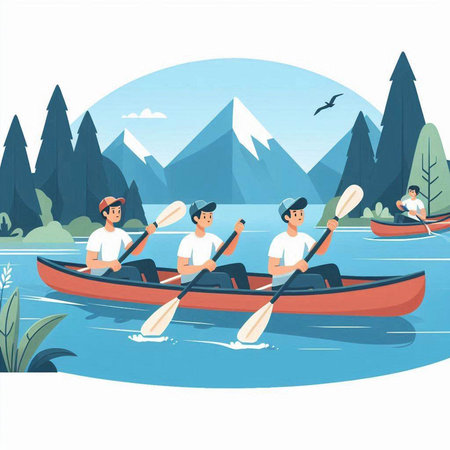 Group of friends rowing on a lake. Vector illustration in flat styleのイラスト素材