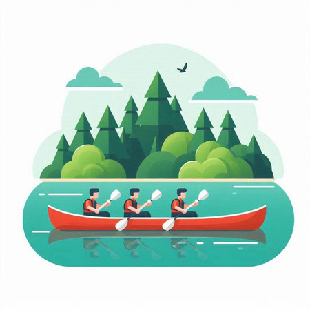 Kayaking on the lake. Flat vector illustration. Canoeing.のイラスト素材