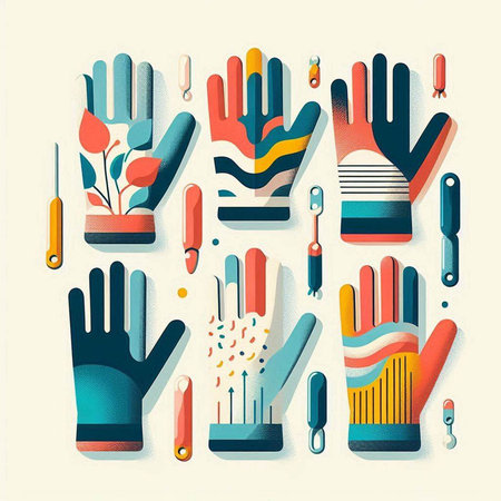 Vector illustration of different types of gloves. Hand drawn flat style.のイラスト素材
