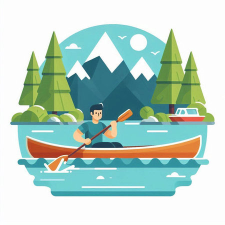 Man in a canoe on the lake. Vector illustration in flat styleのイラスト素材