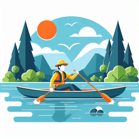 Man in a kayak on the river. Cartoon vector illustration.のイラスト素材
