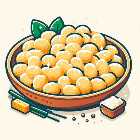 Illustration of a bowl of rice balls with chopsticks and soy sauceのイラスト素材